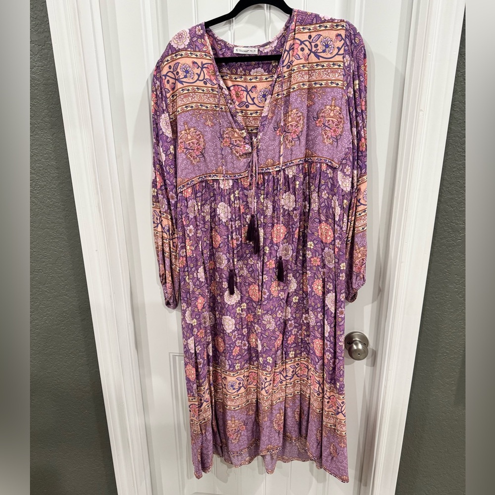 R. Vivimos Purple Boho Midi Dress 2XL Floral Paisley Tassel Tie